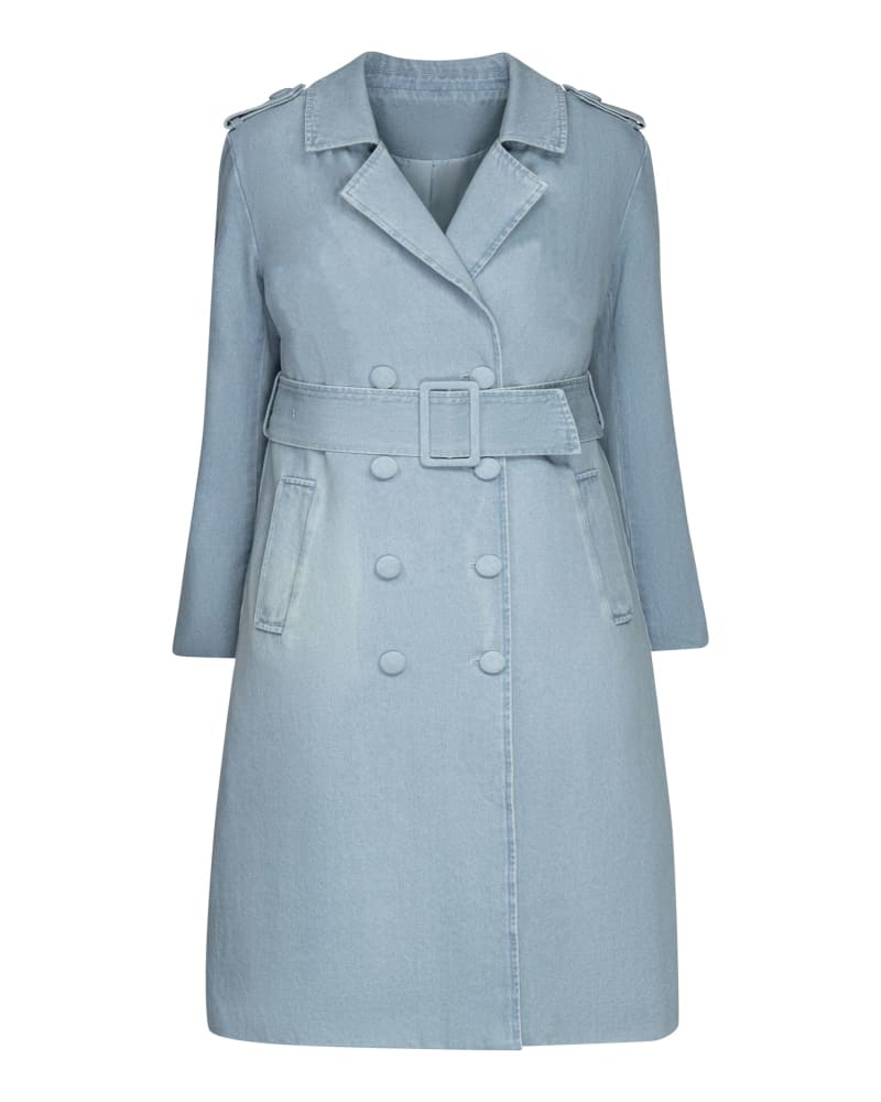 Front of a size 4X The Tamika Denim Trench Coat in Blue by Hilary MacMillan. | dia_product_style_image_id:330504